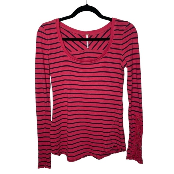 Free People Hard Candy Striped Henley Red Crochet Cuffs - Picture 4 of 14